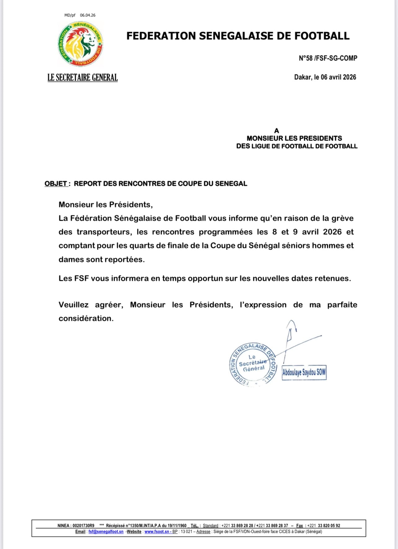 Grève des transporteurs : L'annonce de la Fédération Sénégalaise de Football